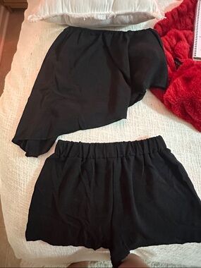 Black Two-Piece Set - Asymmetric Top & Elastic Waist Shorts